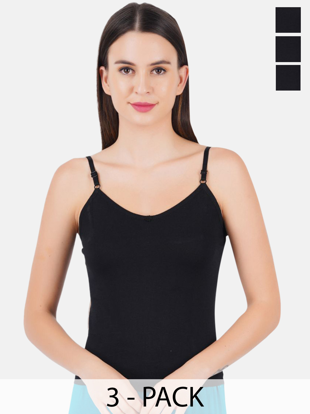 Ramraj Pack of 3 Cotton Adjustable Strap Camisoles R1Petalsblack