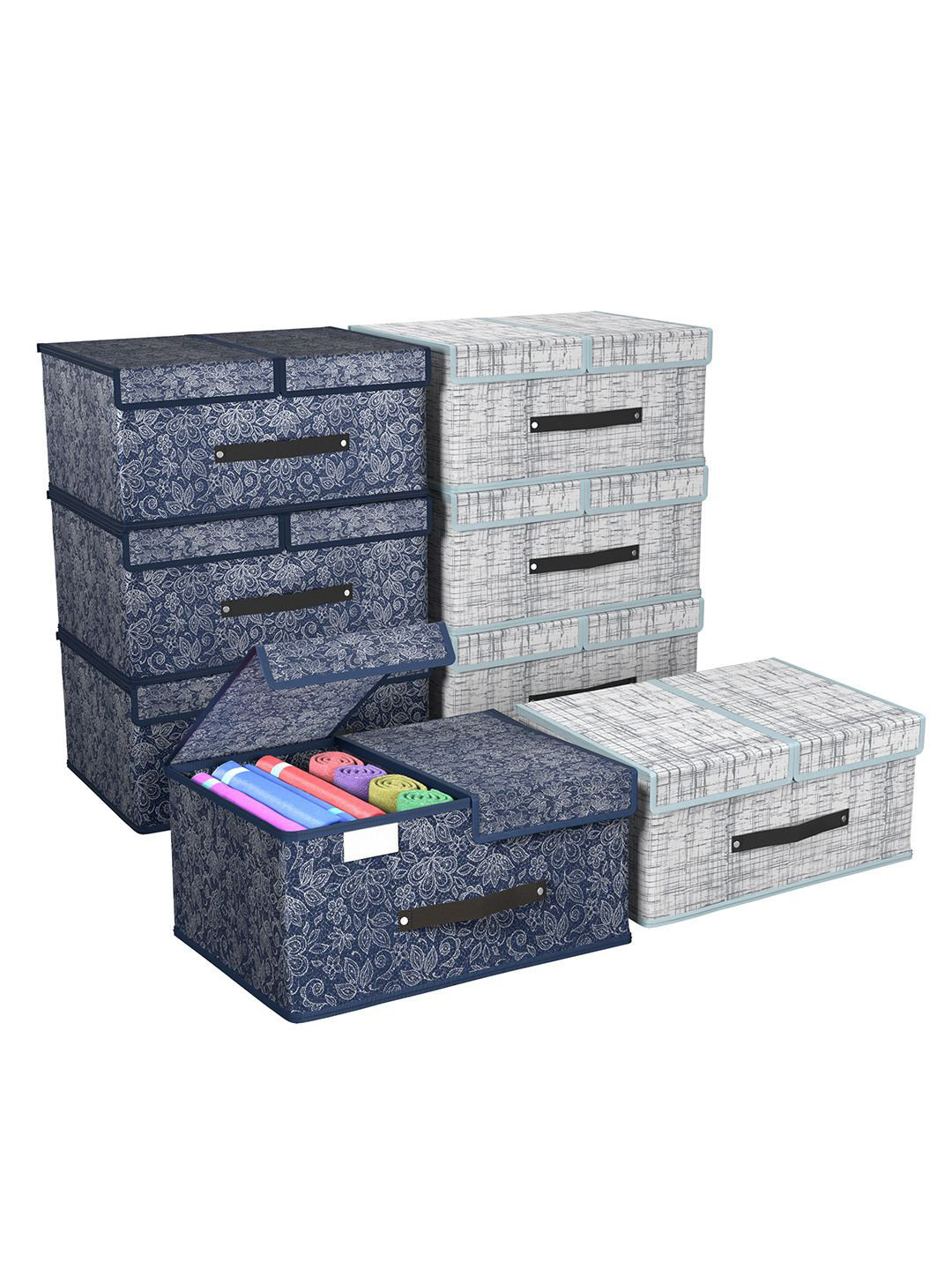 Kuber Industries Navy Blue & Grey 8 Pieces Foldable Double Lid Multi-Utility Organisers