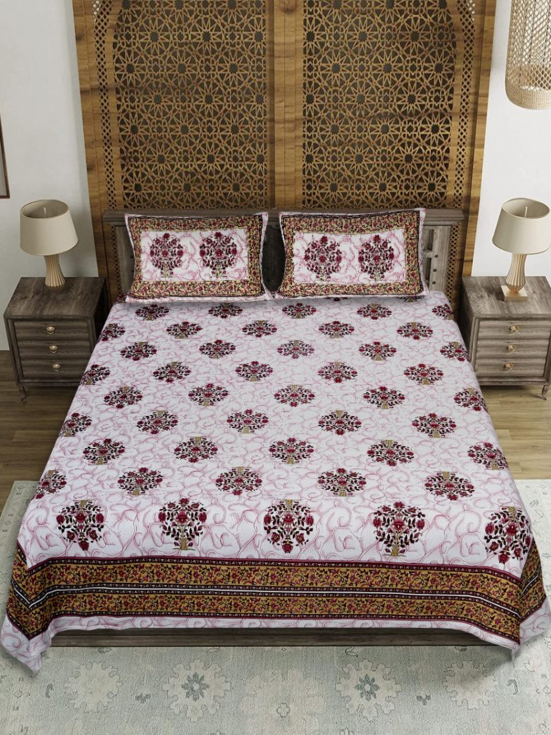 EasyGoods Hawamahal_23 Green Ethnic Motifs Cotton 210 TC King Fine Bedsheet with 2 Pillow Covers-90 x 103 inches