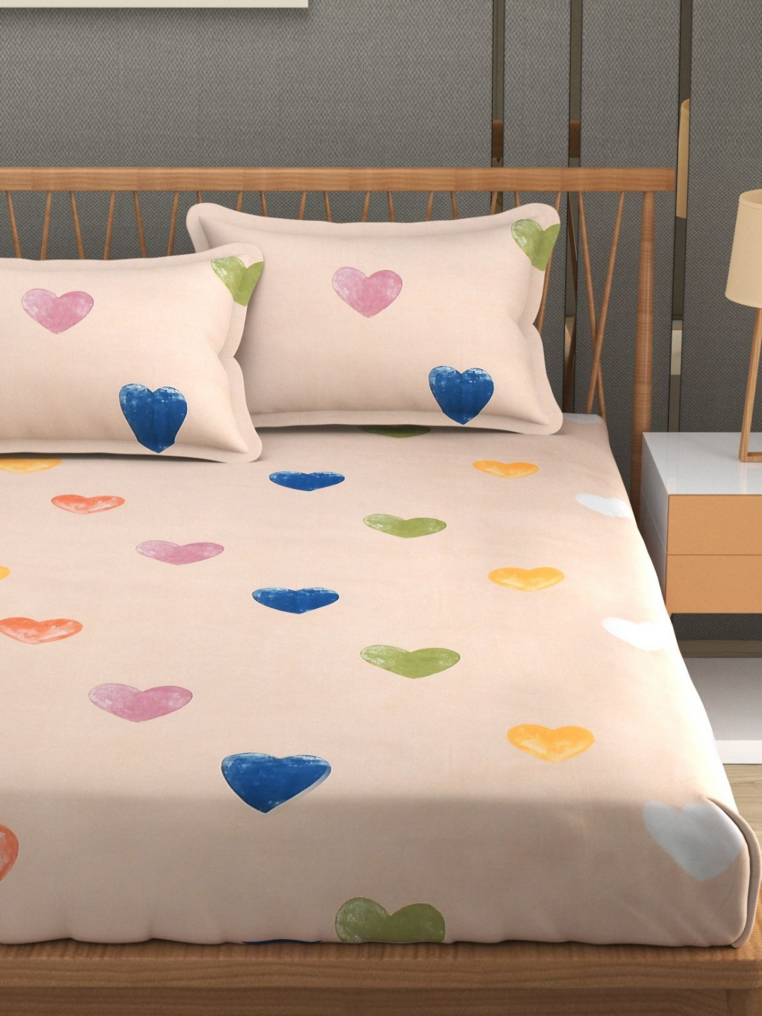 MallowWorld Design7 Orange Conversational Microfiber 200 TC Fitted King Fine Bedsheet with 2 Pillow Covers-182 x 152 cm