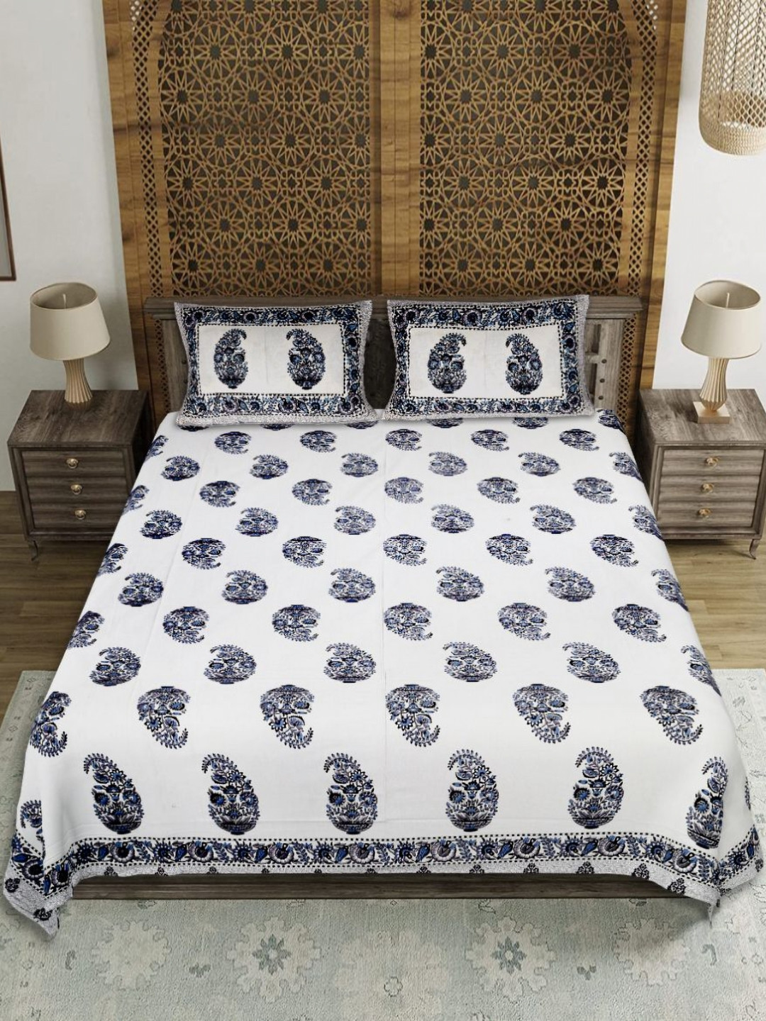 EasyGoods Hawamahal_26 Blue Paisley Cotton 210 TC King Fine Bedsheet with 2 Pillow Covers-90 x 103 inches