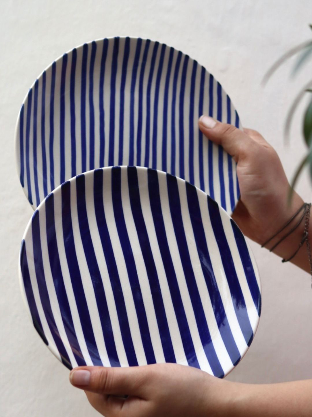 WEAVING HOMES White & Blue 2 Pieces Stripes Ceramic Plate