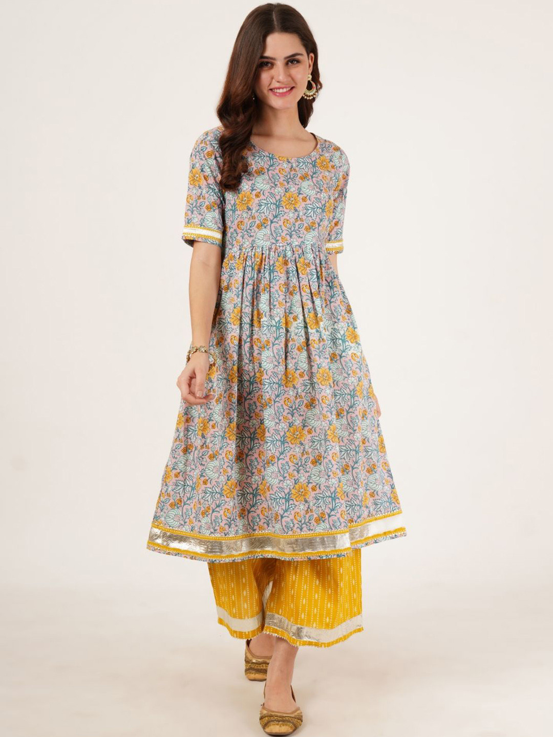 COTLAND FASHION Floral Printed A-Line Gotta Patti Pure Cotton Kurta with Palazzos