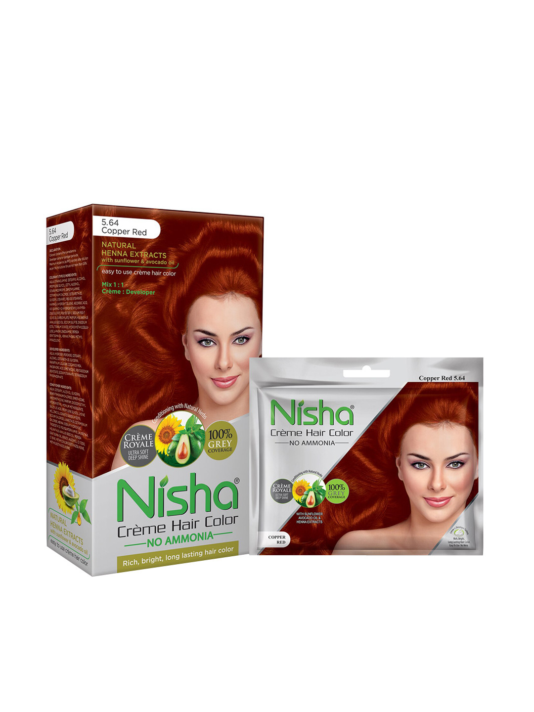 Nisha Set of 2 No Ammonia Creme Hair Color with Sunflower 120 g & 40 g - Copper Red 5.64