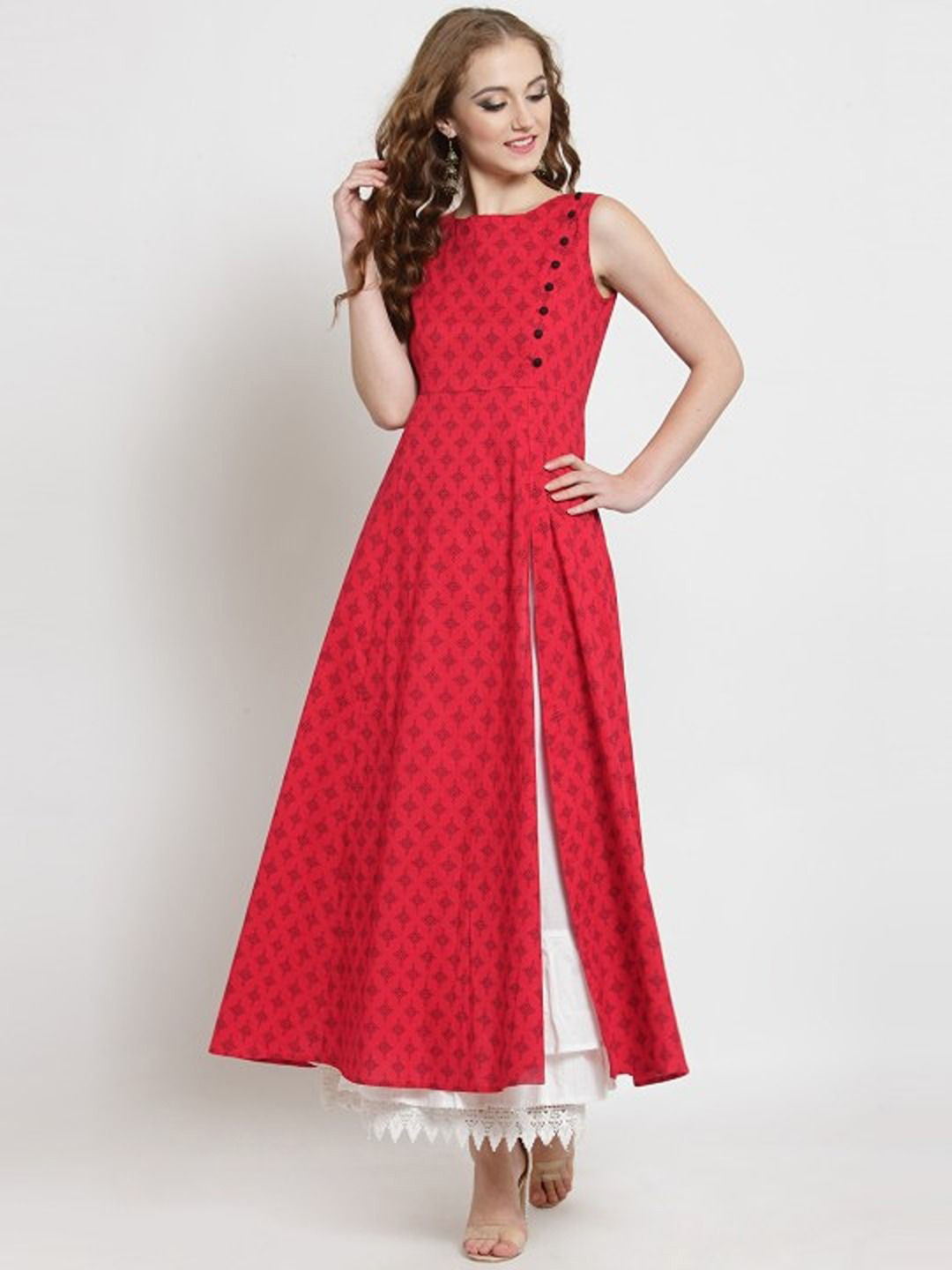 Sera Red Boat Neck Geometric Printed A-Line Kurta