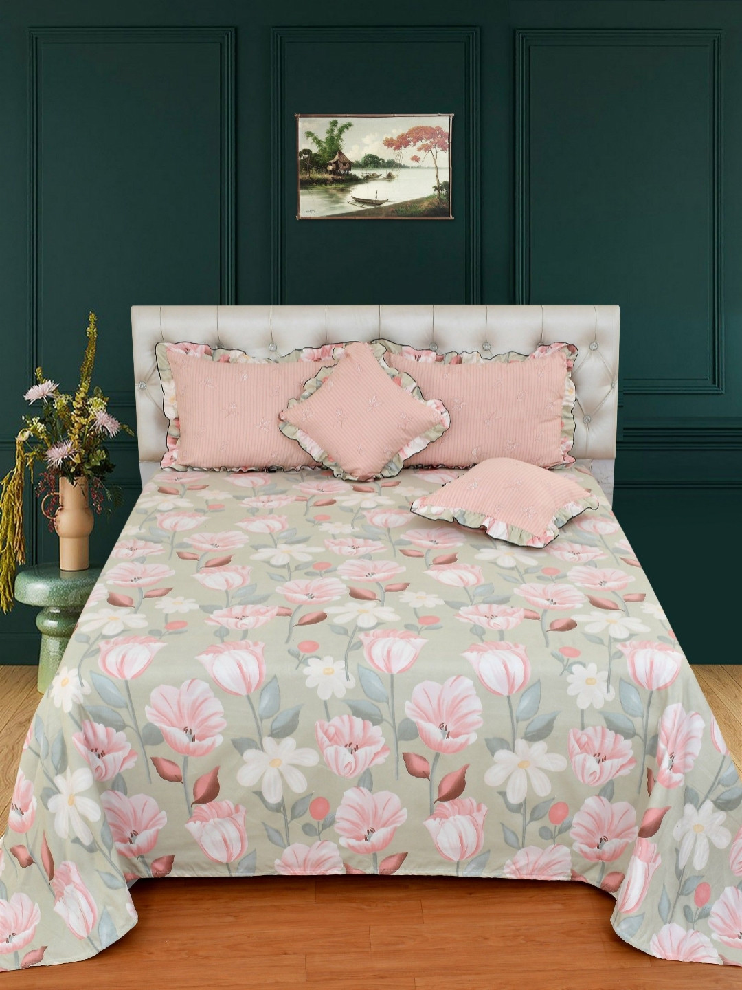 BREVARD Peach-Coloured Floral 5 Pieces Cotton Frill Double King Regular Bedding Set