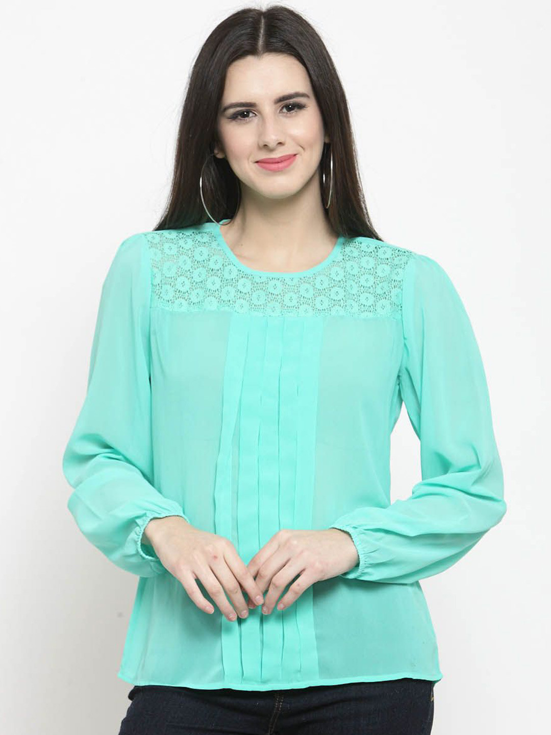 Sera Women Lace Frills Bows and Ruffles Round Neck Top