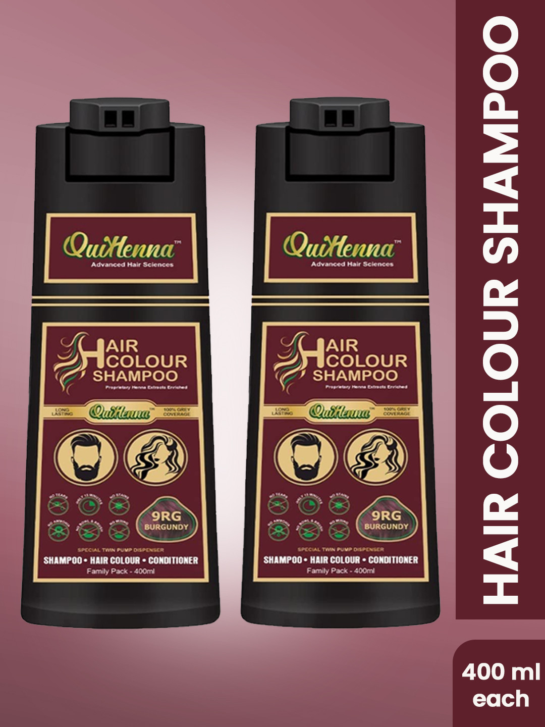 QUIKHENNA Set Of 2 Hair Color Shampoo 400ml Each - 9RG - Burgundy
