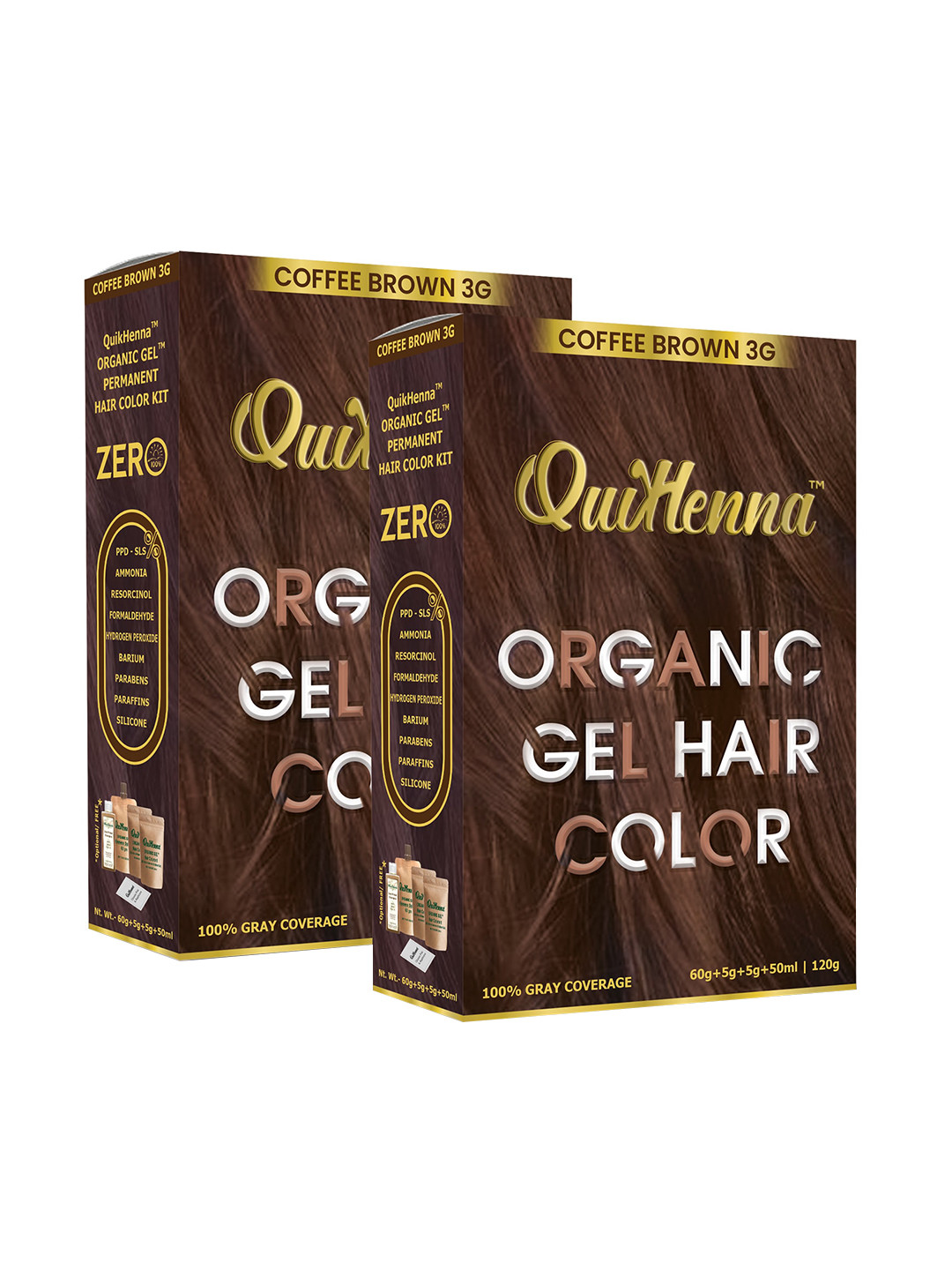 QUIKHENNA Set of 2 Damage Free Organic Gel Hair Color 120 g Each - Coffee Brown 3G