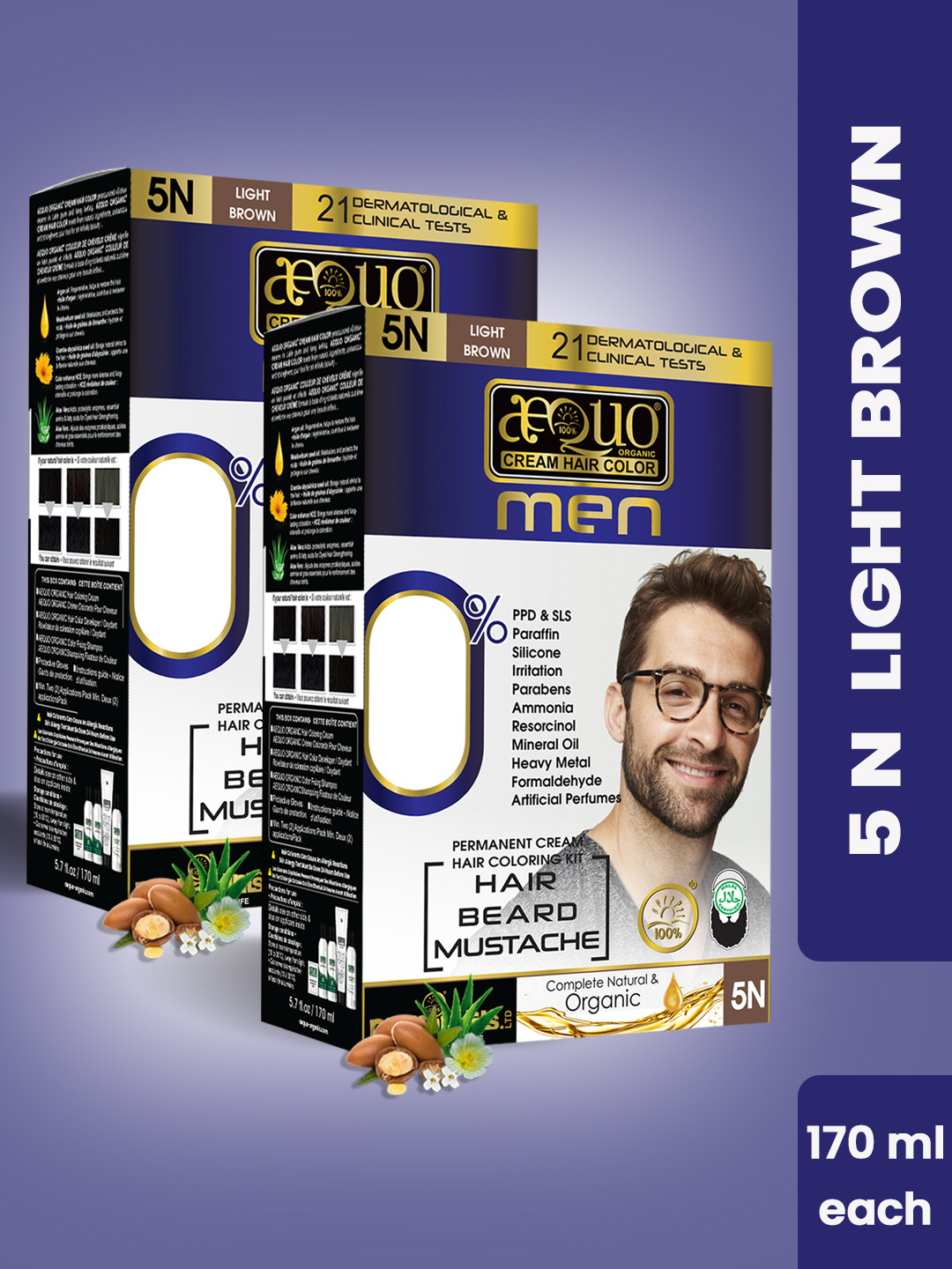 Aequo Organic Men  Set Of 2 Permanent Hair Color For Hair Beard & Moustache Men - 5N Light Brown - 170 ml