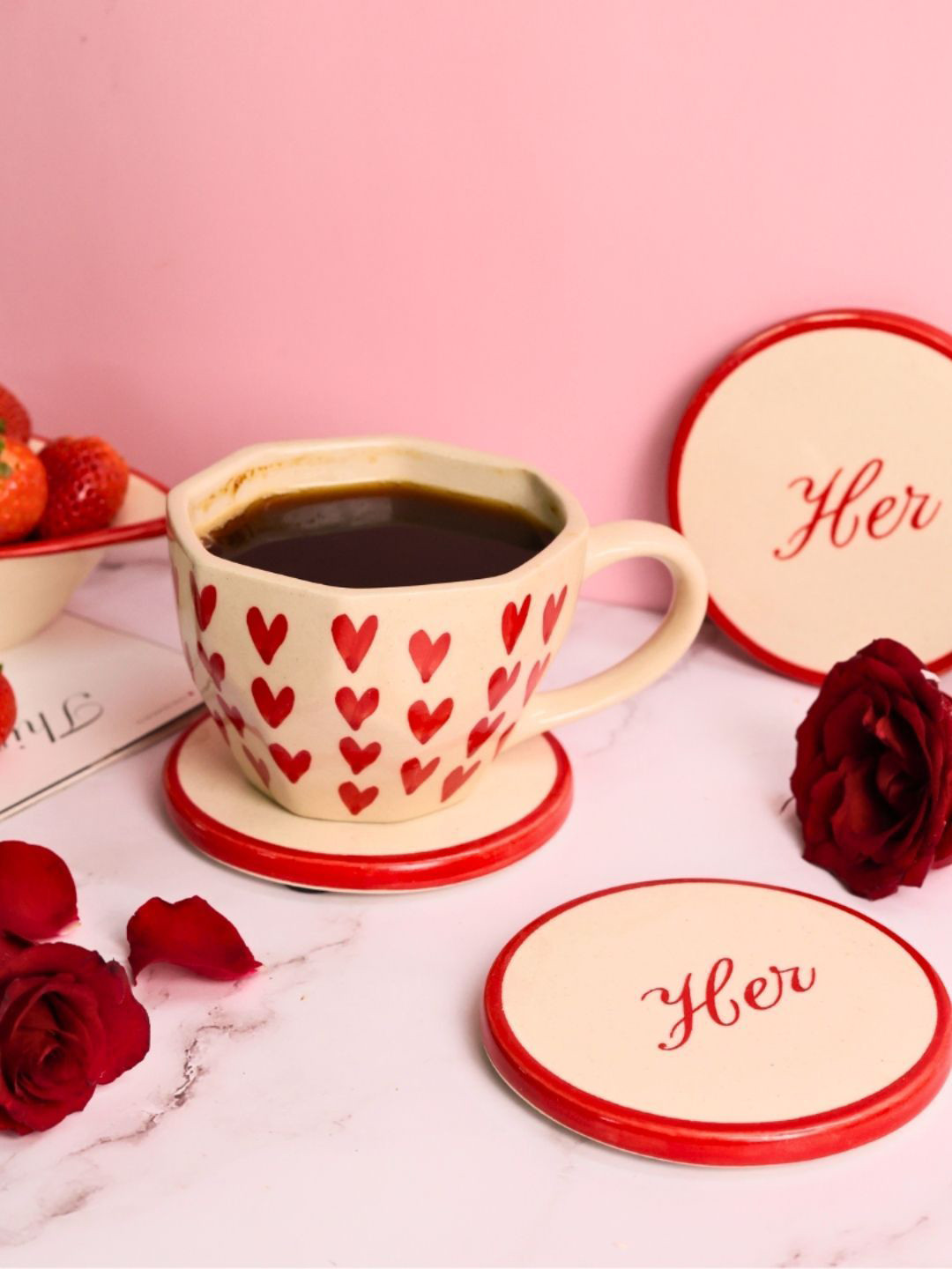 WEAVING HOMES Red Conversational Ceramic Microwave Safe Mug with Coaster-220ml