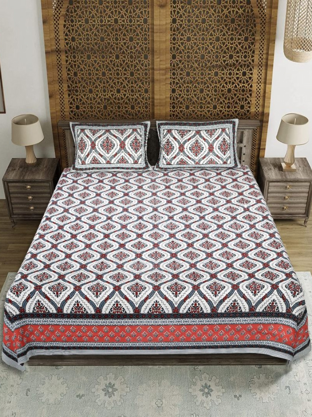 EasyGoods Hawamahal_07 Grey Ethnic Motifs Cotton 210 TC King Fine Bedsheet with 2 Pillow Covers-90 x 103 inches