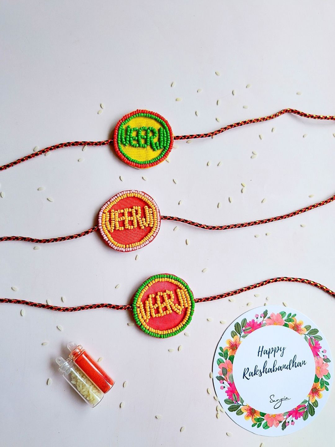 Sangria Set Of 3 Veerji Thread Rakhi With Roli Chawal & Greeting Card