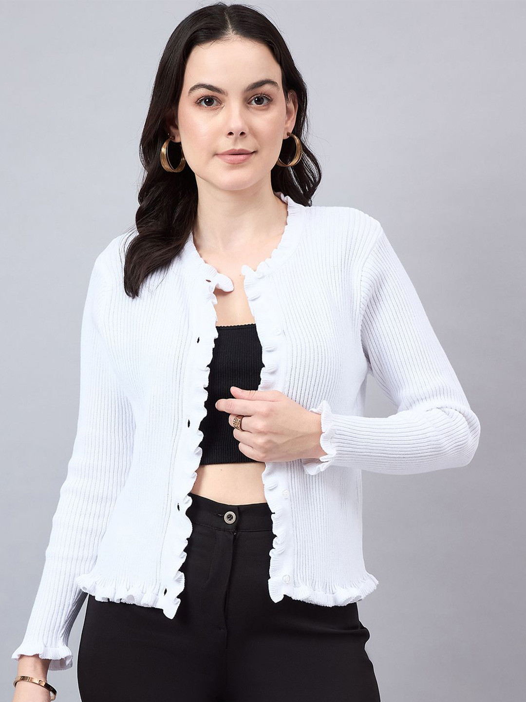 Style Quotient Self Design Cotton Button Shrug