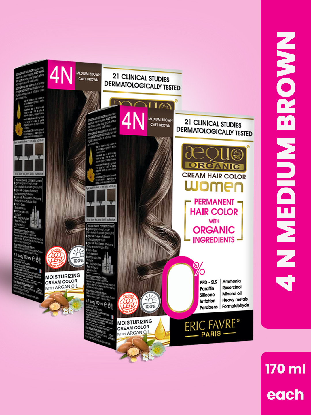 Aequo Organic Set of 2 Permanent Cream Hair Color 175 ml Each - Medium Brown 4N