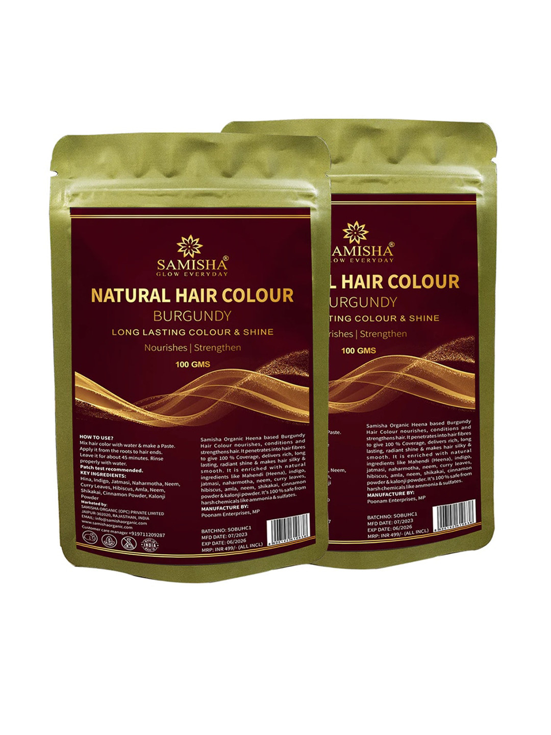 SAMISHA Set of 2 Natural Hair Color For Long Lasting Color & Shine 100g Each - Burgundy