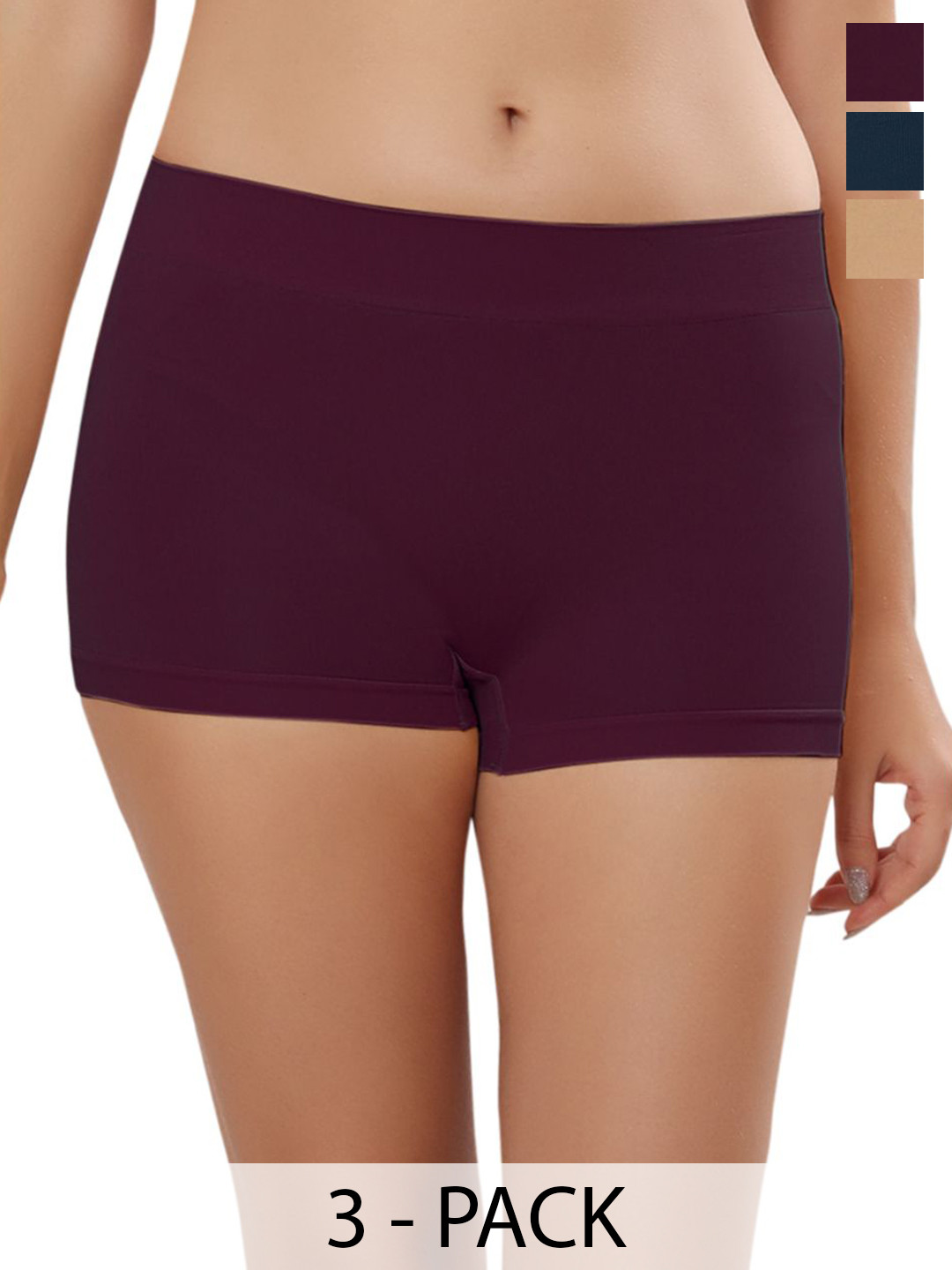 Bella Voste Pack Of 3 Seamless Boy Shorts Briefs PT-4603-Blue-Maroon-Beige-M