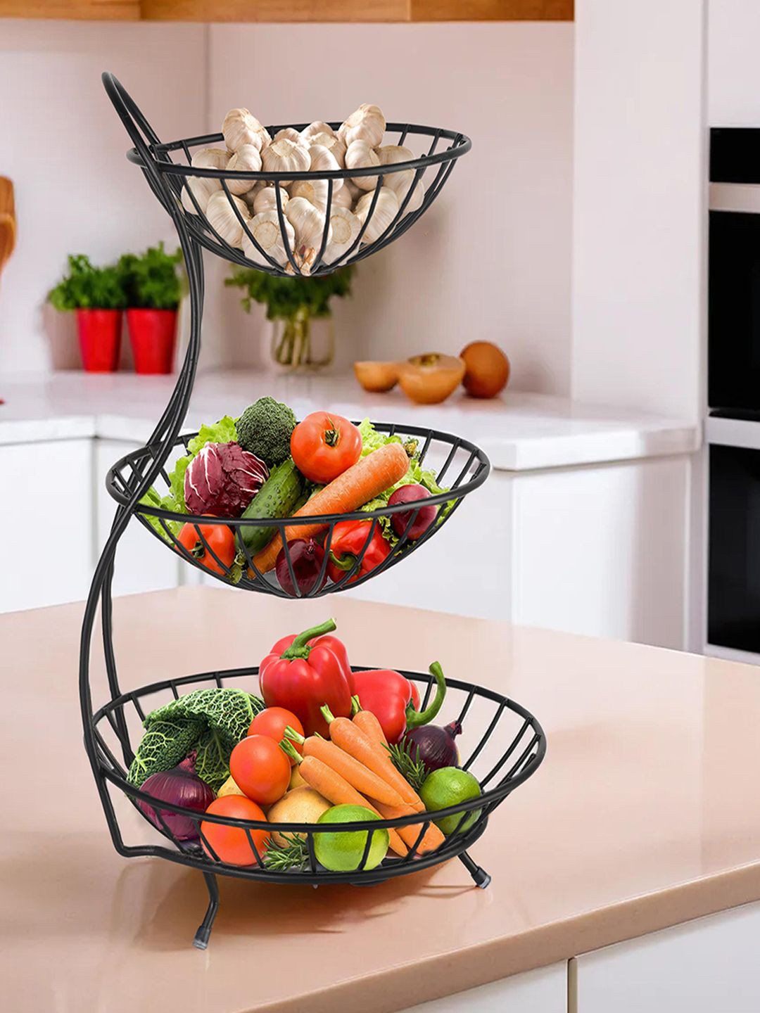 Kuber Industries Black Metal 3-Layer Storage Basket With Circular Side Stand