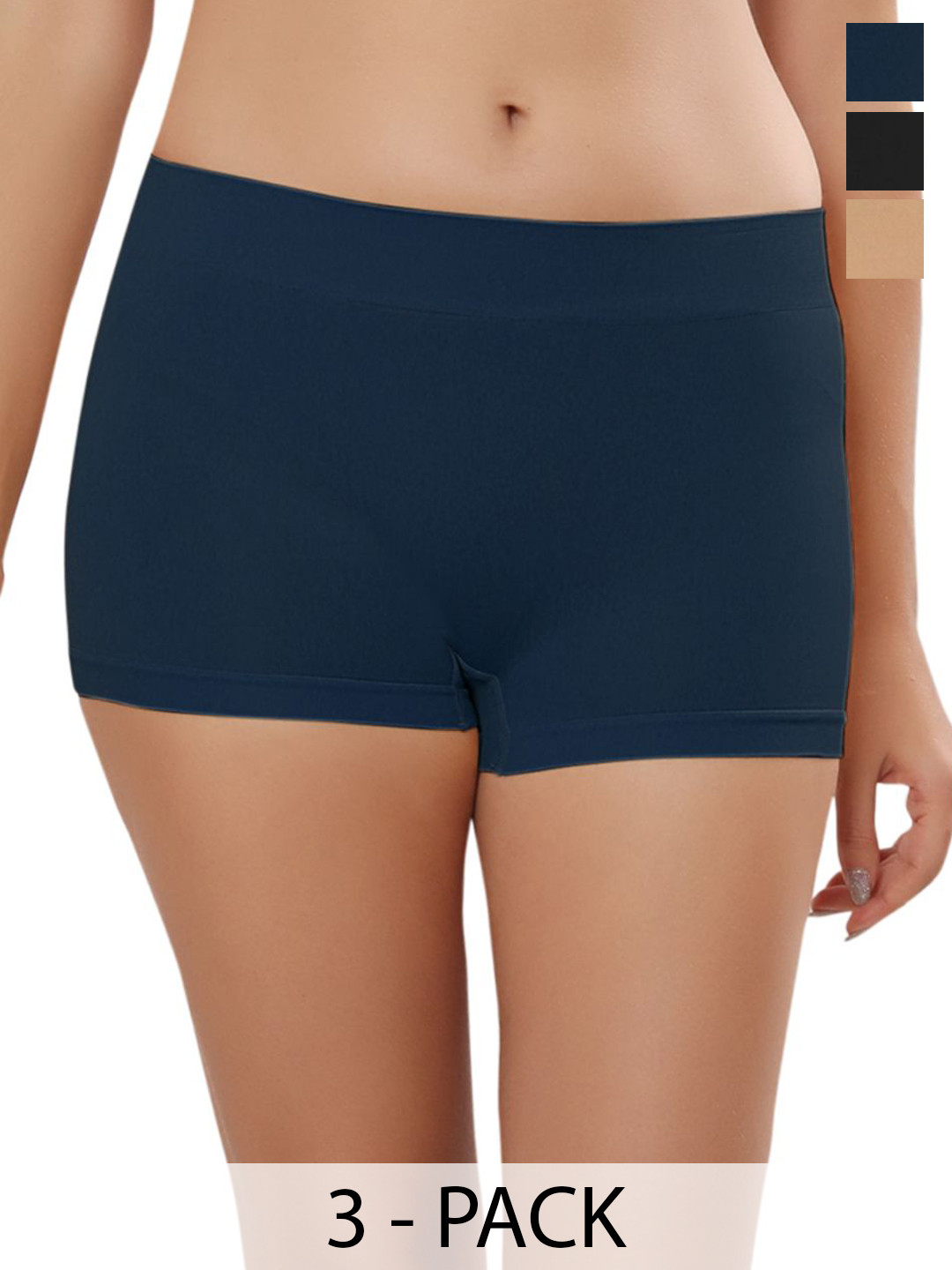 Bella Voste Pack Of 3 Seamless Boy Shorts Briefs PT-4603-Beige-Black-Blue-M