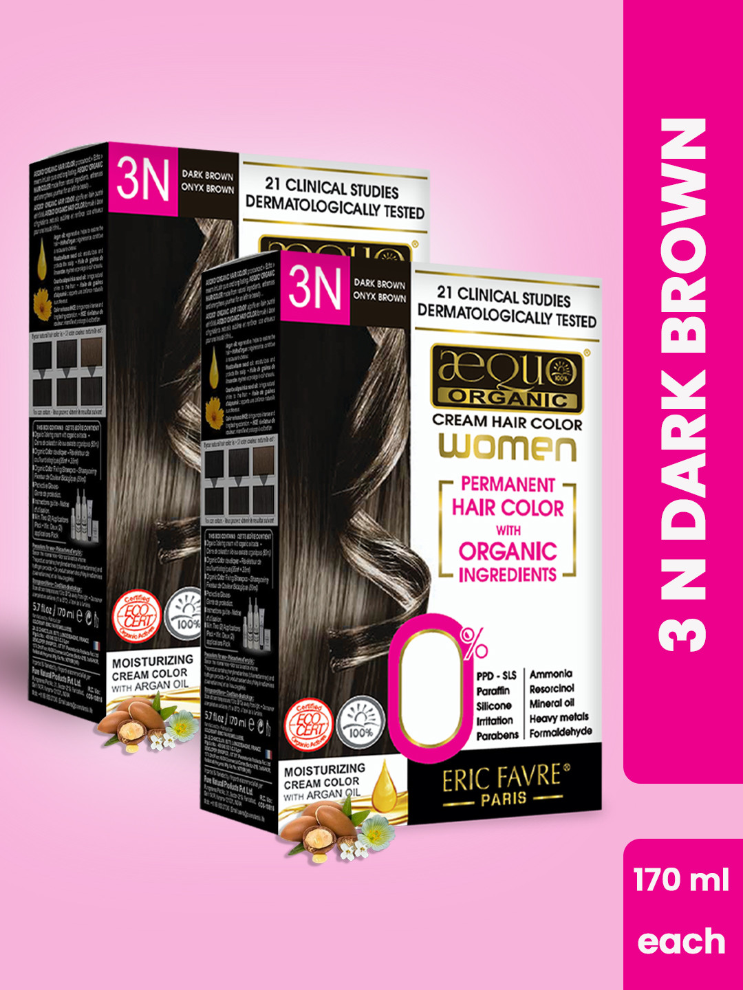 Aequo Organic Set of 2 Permanent Cream Hair Color 175 ml Each - Dark Brown 3N