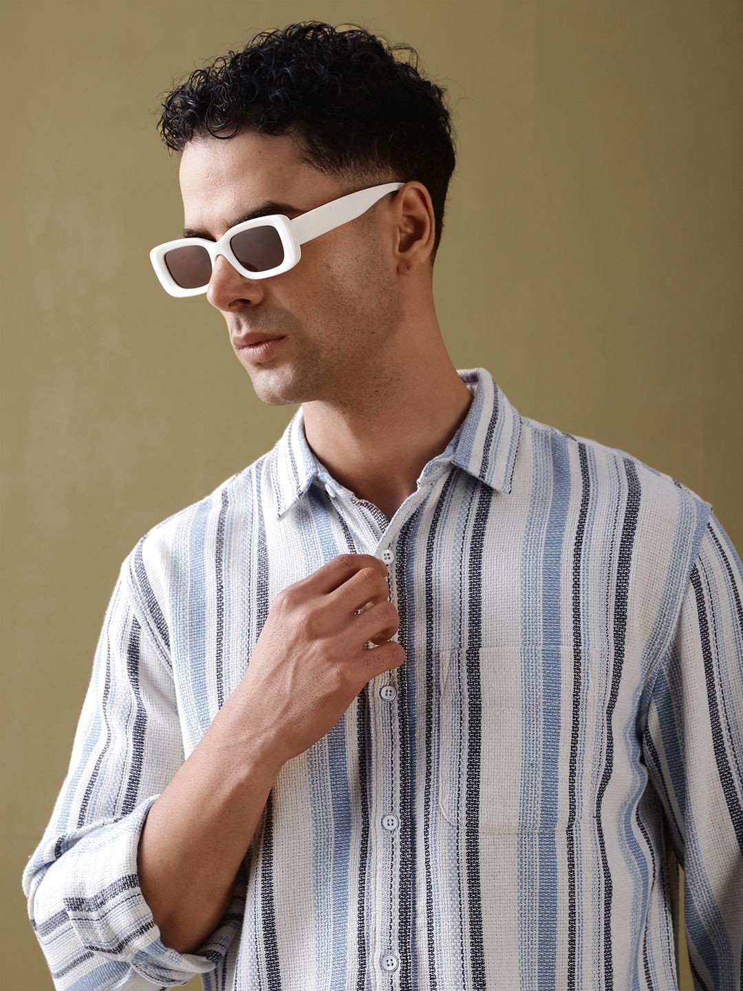 DILLINGER Men Standard Spread Collar Vertical Striped Cotton Casual Shirt