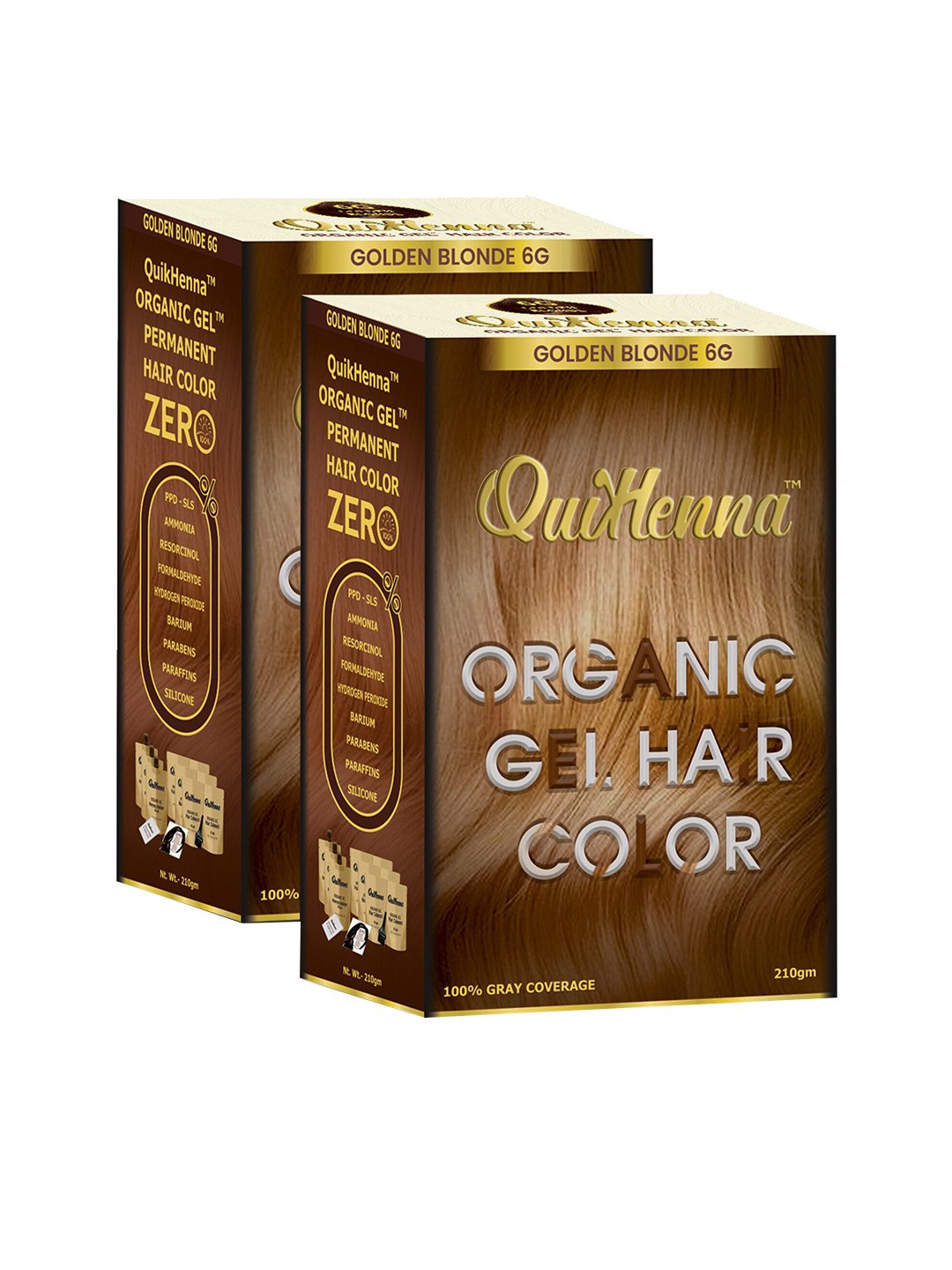QUIKHENNA Set Of 2 Organic Gel PPD Ammonia Free Hair Colour 210gm Each - Golden Blonde 6G