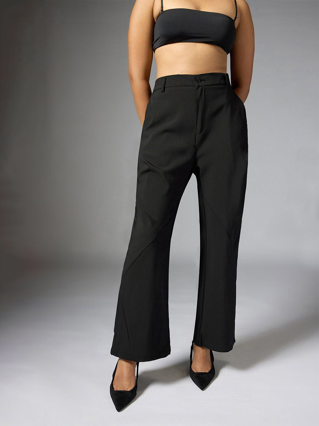 FREAKINS Black Panelled Bootcut Korean Pants