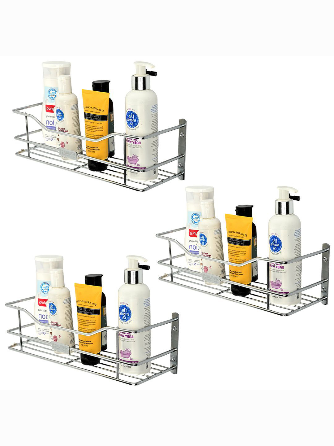 Kuber Industries Silver-Toned 3 Piece Stainless Steel Bath Shelf for Wall