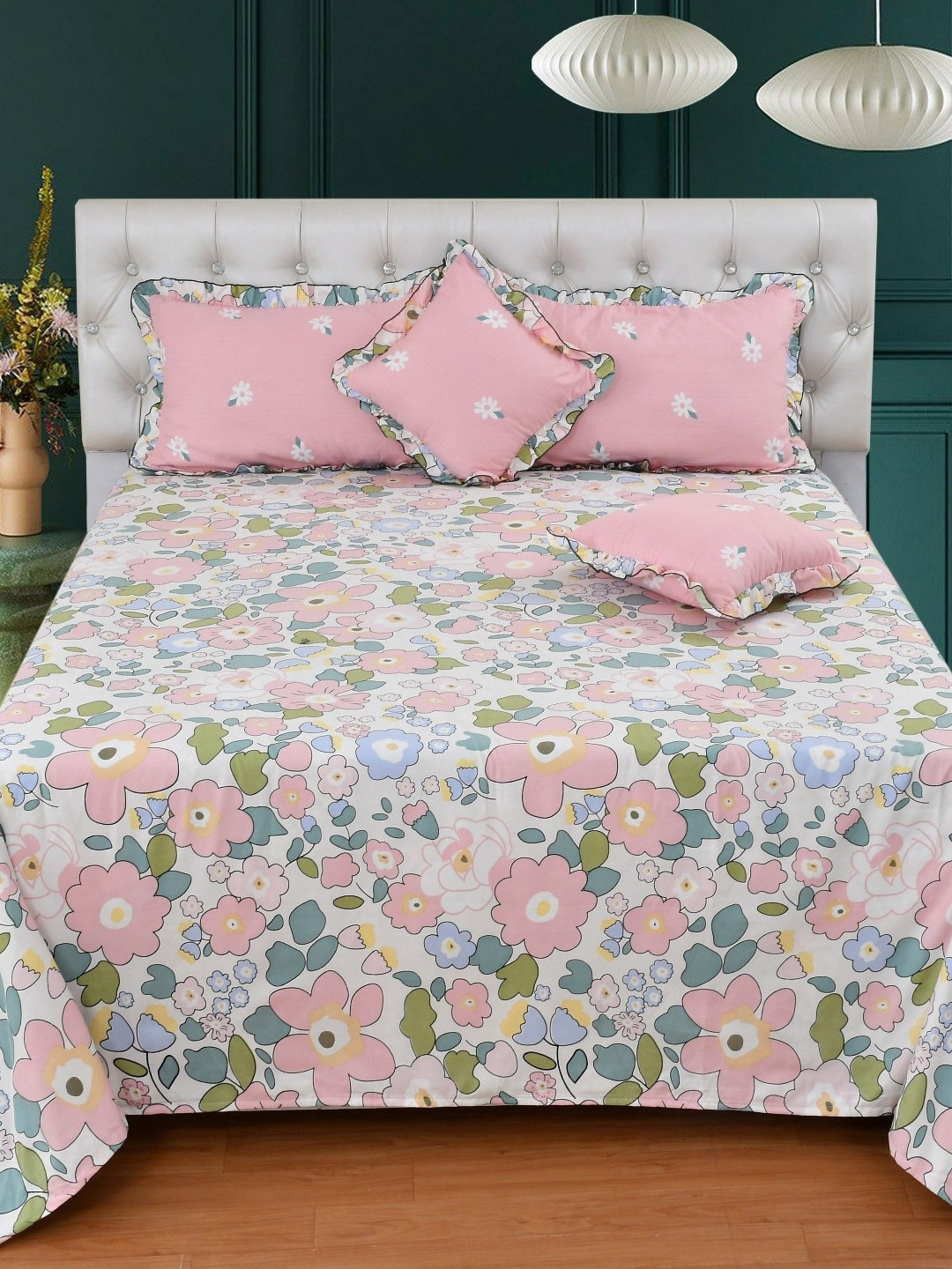 BREVARD Pink & White Floral 5 Pieces Cotton Frill Double King Regular Bedding Set