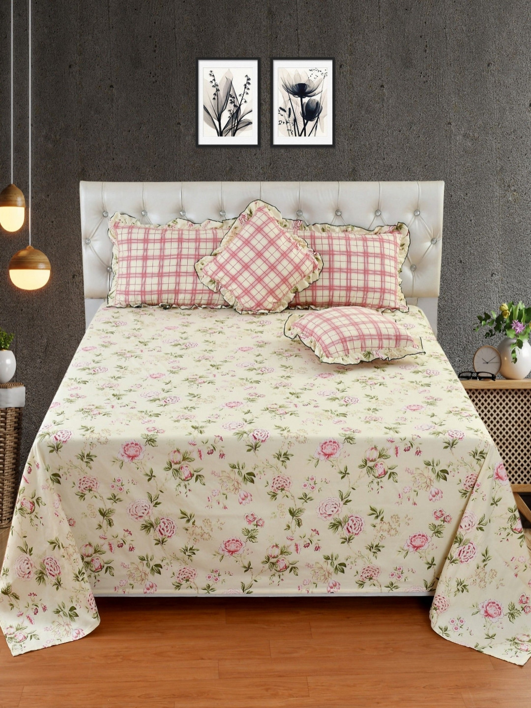 BREVARD Pink & Yellow Floral 5 Pieces Cotton Frill Double King Regular Bedding Set