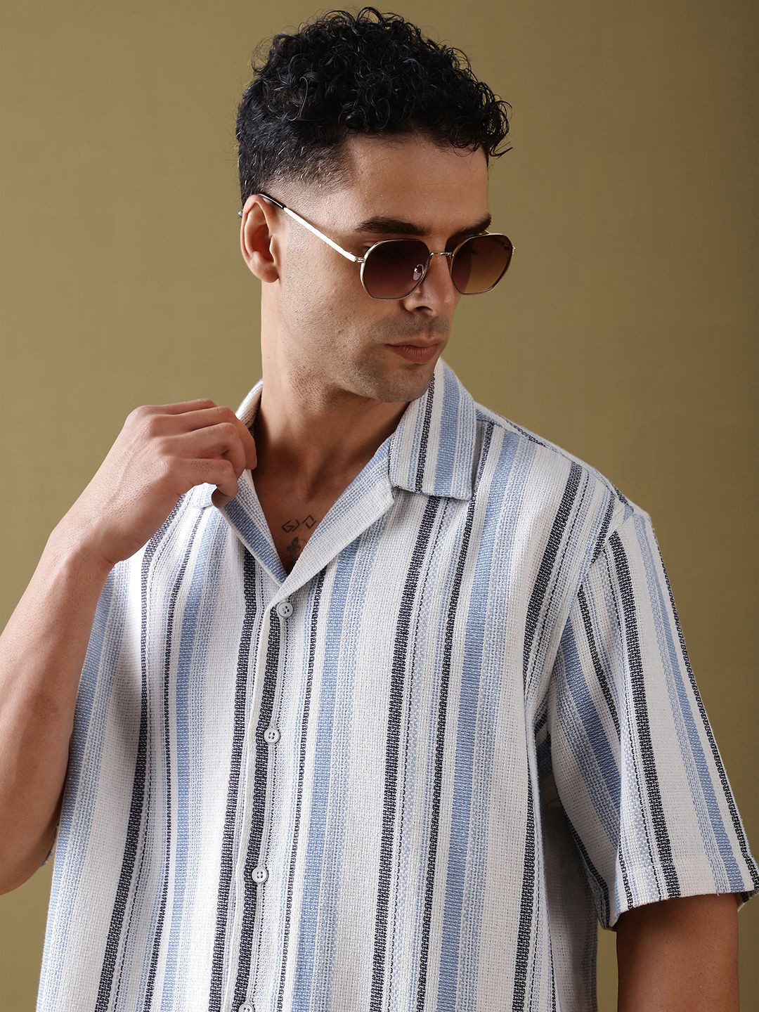 DILLINGER Men Standard Cuban Collar Vertical Striped Cotton Casual Shirt