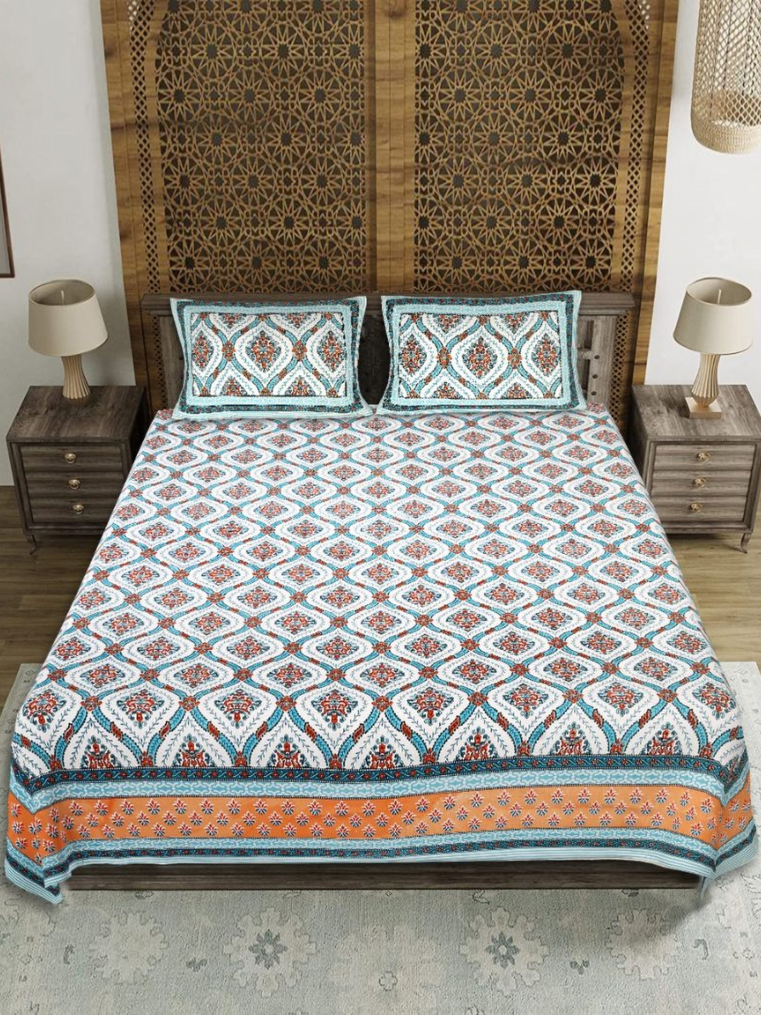EasyGoods Hawamahal_08 Blue Ethnic Motifs Cotton 210 TC King Fine Bedsheet with 2 Pillow Covers-90 x 103 inches