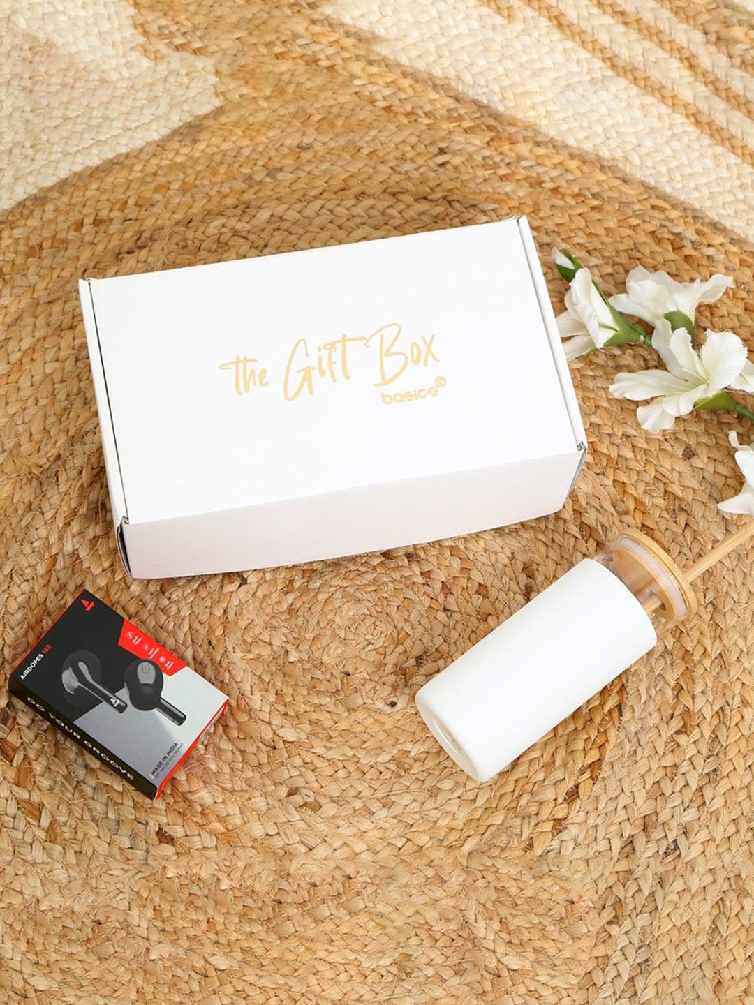 basics IND Boat Airdopes 163 M with Borosilcate Tumbler With Wooden Lid & Straw 450 ml