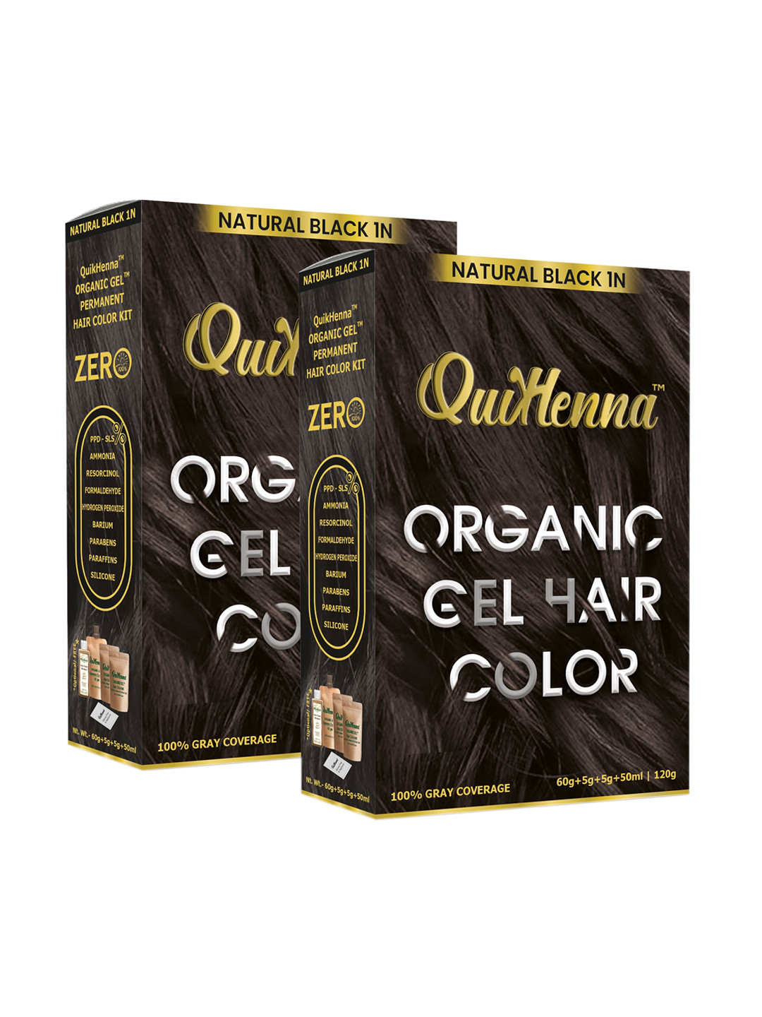 QUIKHENNA Set of 2 Damage Free Organic Gel Hair Color 120 g Each - Natural Black 1N