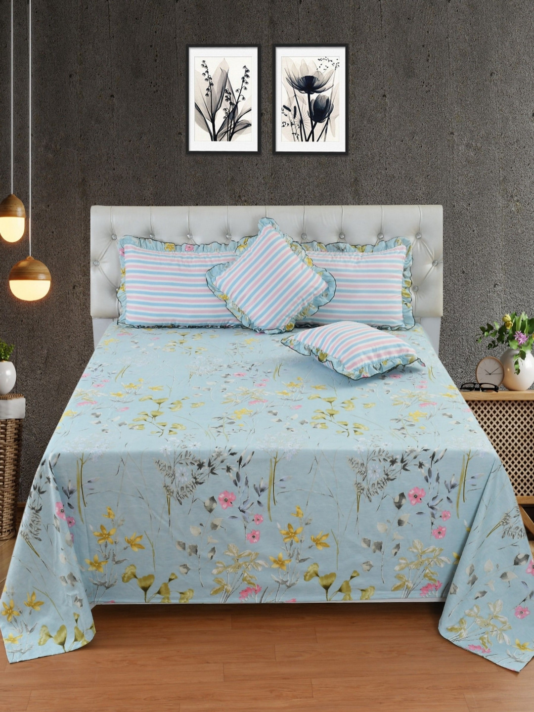 BREVARD Blue & White Floral 5 Pieces Cotton Frill Double King Regular Bedding Set