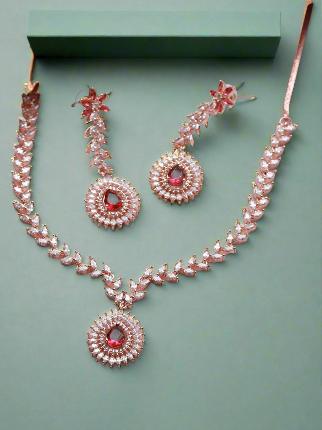 Anouk Red Rose Gold Plated American Diamond & Cubic Zirconia Stone Studded Jewellery Set