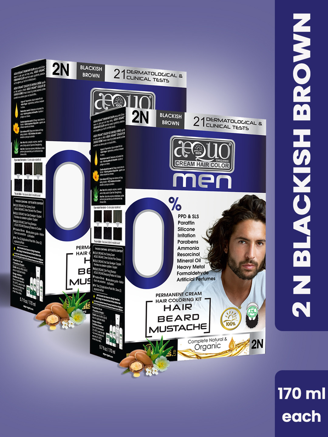 Aequo Organic Men Set of 2 Organic Hair Color Kit 170 ml Each - Soft Black 2N