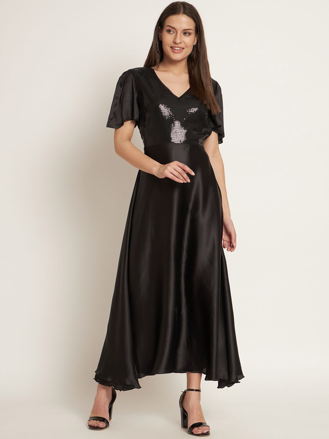 Curvydrobe Flared Sleeves Sequinned Detail Satin Fit & Flare Maxi Dress