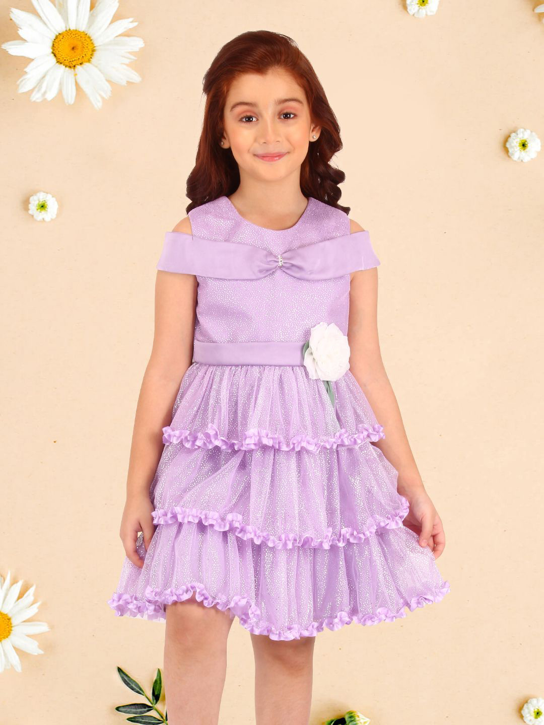 CUTECUMBER Girls Layered Cold-Shoulder Sleeve Fit & Flare Dress