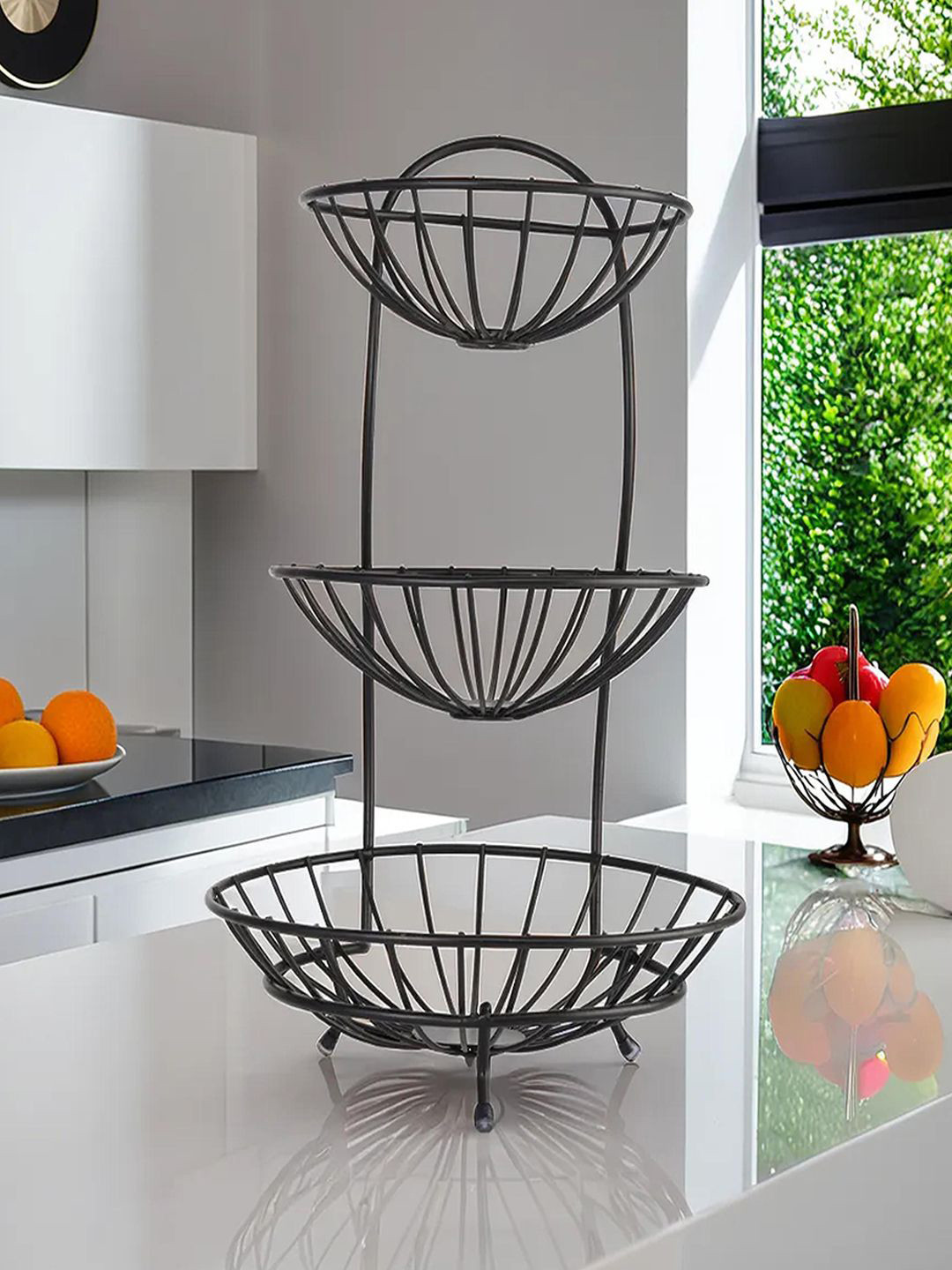 Kuber Industries Black 2 Pieces Metal 3-Layer Fruit Basket for Dining Table