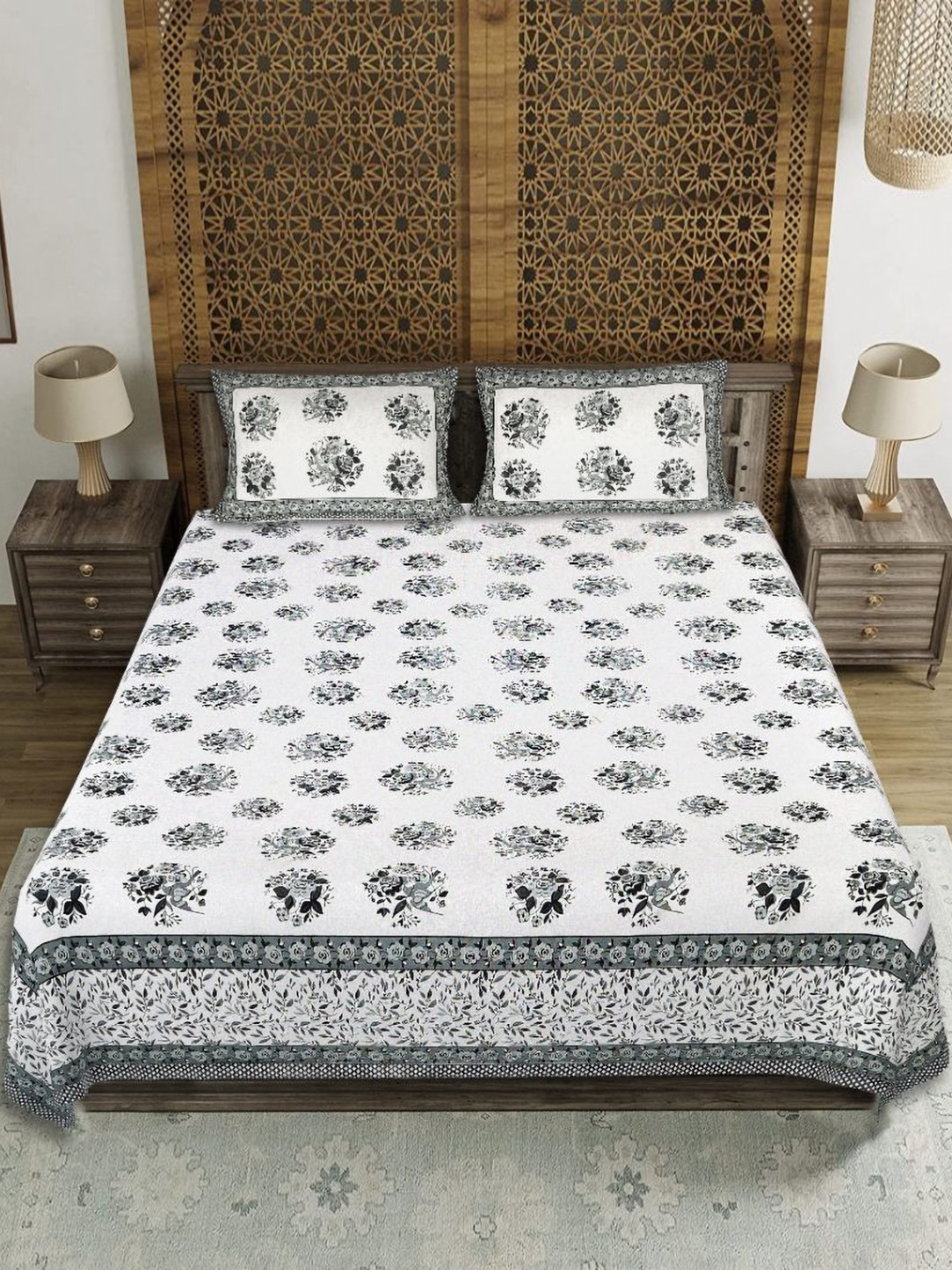 EasyGoods Hawamahal_18 Grey Floral Cotton 210 TC King Fine Bedsheet with 2 Pillow Covers-228 x 262 cm
