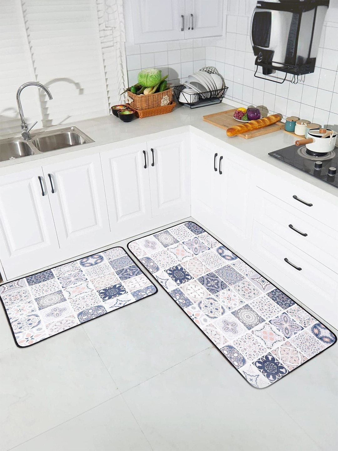 Kuber Industries Blue & White 2 Pieces Printed Anti-Slip Kitchen Mats