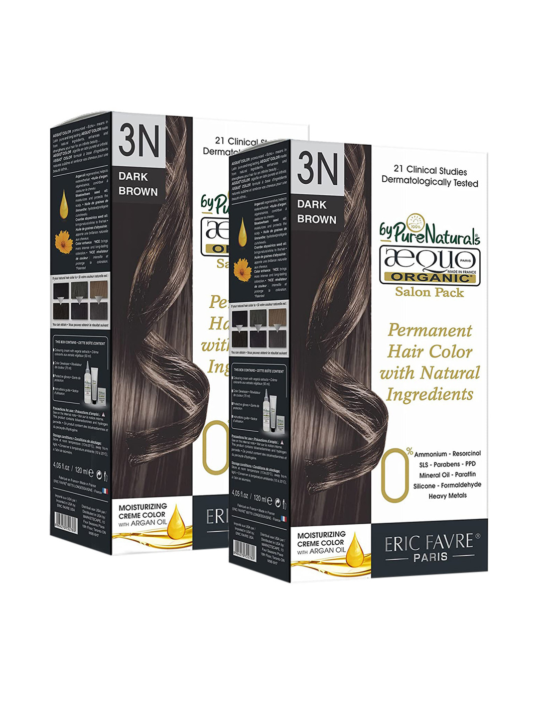 Aequo Organic Set of 2 Permanent Cream Hair Color 120 ml Each - Dark Brown 3N