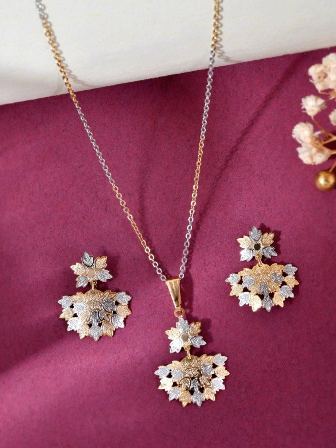 VOJ Gold-Plated Leaf Shaped Pandent & Earrings