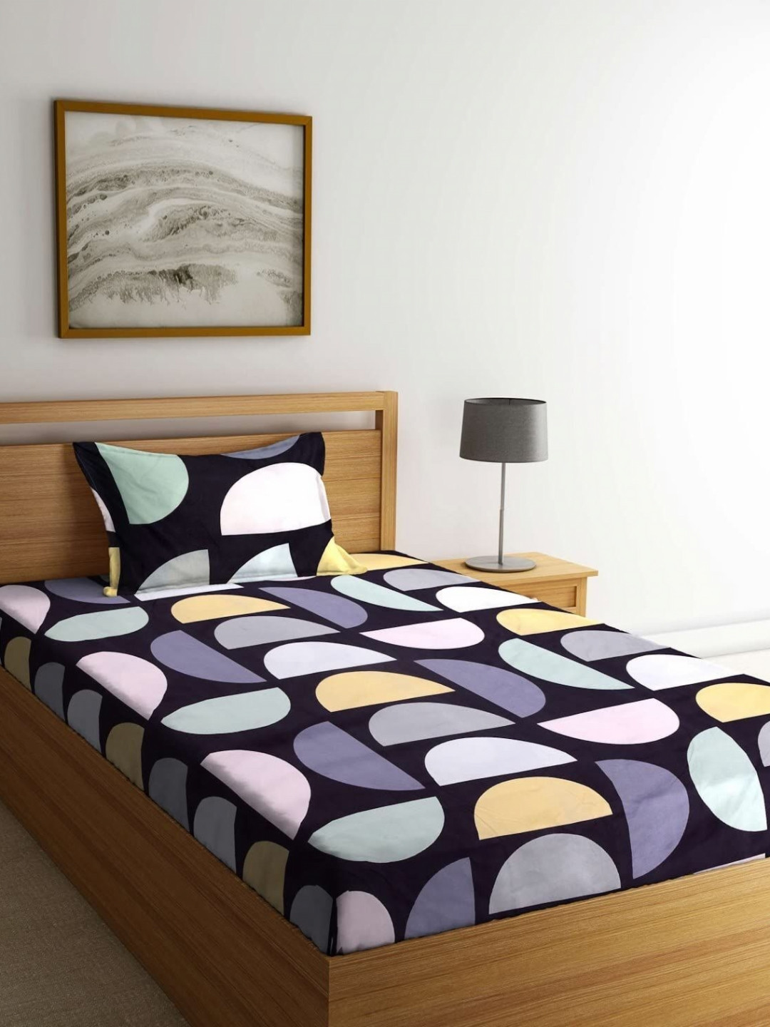 Innovative Edge Black Abstract Cotton 160 TC Fitted Single Superfine Bedsheet with a Pillow Cover-48 x 71 inches