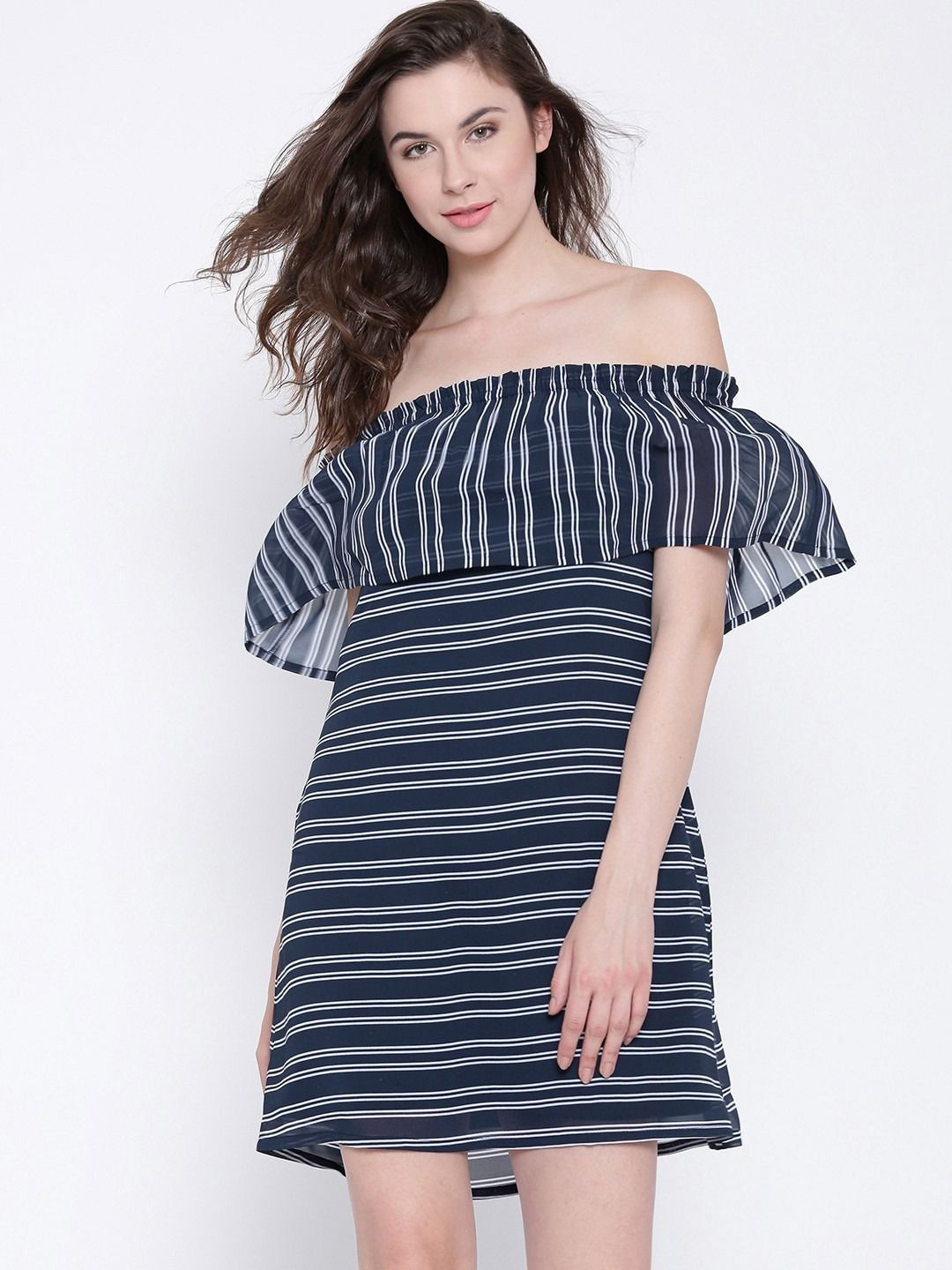 Sera Striped Off-Shoulder Flared Sleeve A-Line Dress