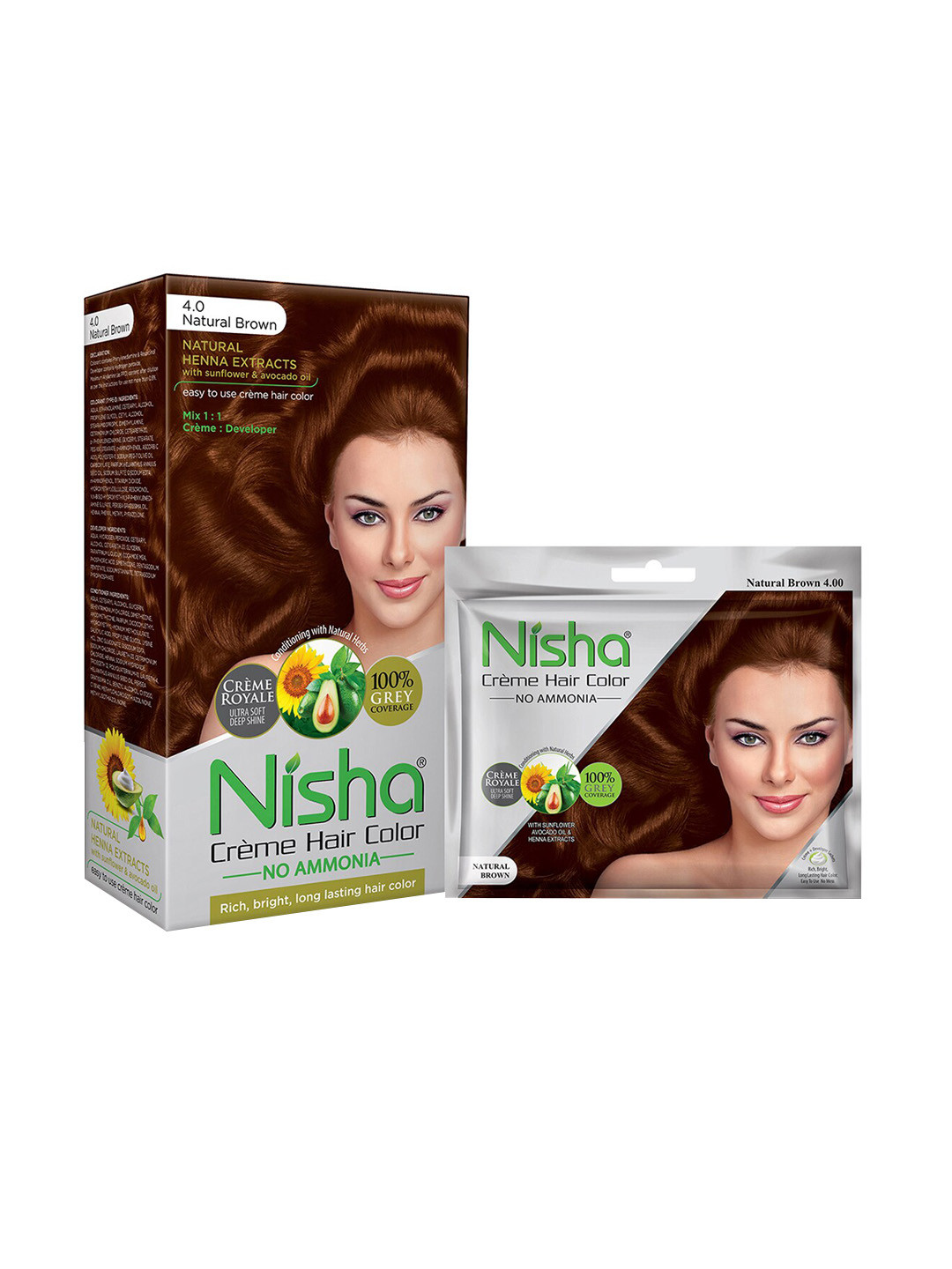 Nisha Set of 2 No Ammonia Creme Hair Color with Sunflower 120 g & 40 g - Natural brown 4.0