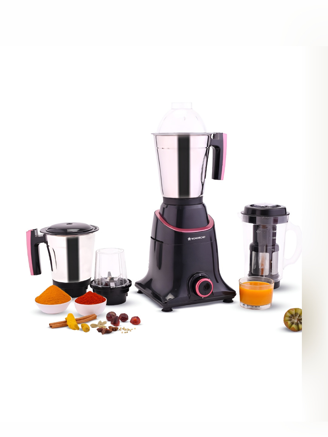 Wonderchef Select Premium Black Stainless Steel Sturdy Steel Jar 4 Jars Wet and Dry Grinder with Juicer-750W