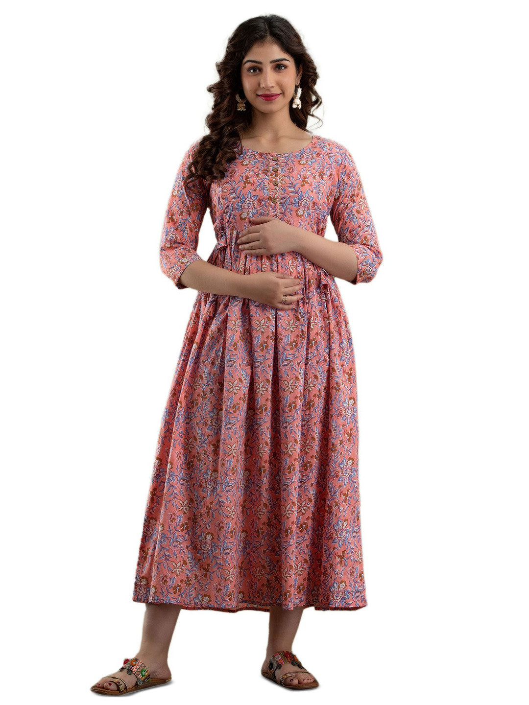 SHOOLIN Printed Maternity Cotton Fit & Flare Midi Dress