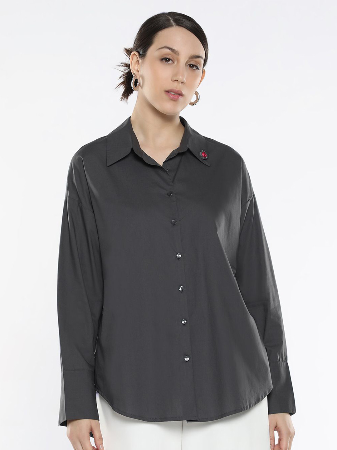 RAREISM Women Grey Boxy Plain Full Sleeve Spread Collar Shirt